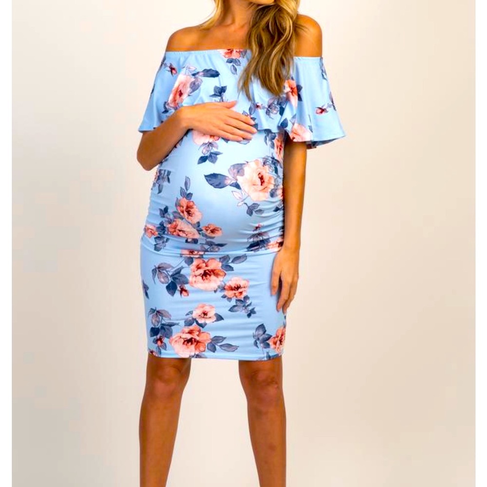 Pinkblush Blue Rose Ruffle Fitted Maternity Dress